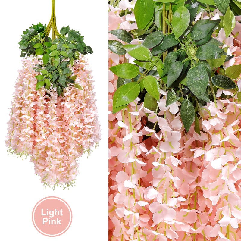 U'Artlines 24 Pack(Total 43.2 Feet) Artificial Fake Wisteria Vine Rattan Hanging Garland Silk Flowers String Home Party Wedding Decor (24, Light Pink) - Image 3